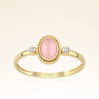 Altın Pembe Oval Taşlı Trend Yüzük - Pare Pırlanta