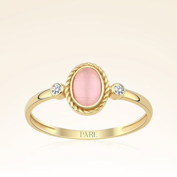 Altın Pembe Oval Taşlı Trend Yüzük - Pare Pırlanta