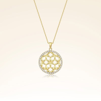 Altın Geometrik Çiçek Taşlı Kolye - Pare Pırlanta