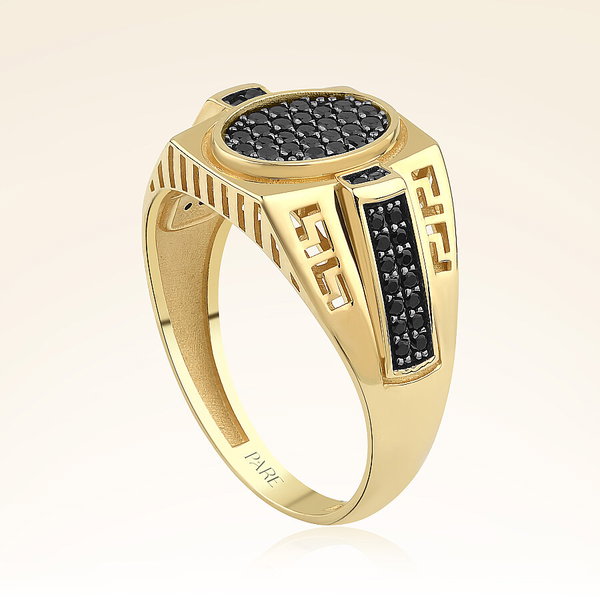 Altın Oval Siyah Taşlı Tasarım Erkek Yüzük - Pare Pırlanta